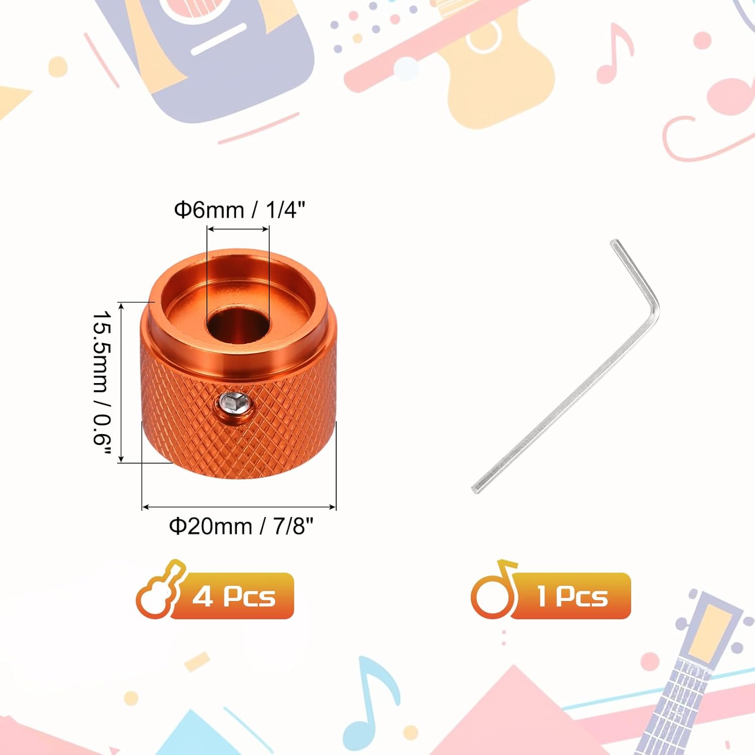 MECCANIXITY 4PCS Guitar Knobs, Metal, Volume Tone Control Dome Knobs 1/4" x 7/8" x 0.6", Aluminum Alloy, Orange Red