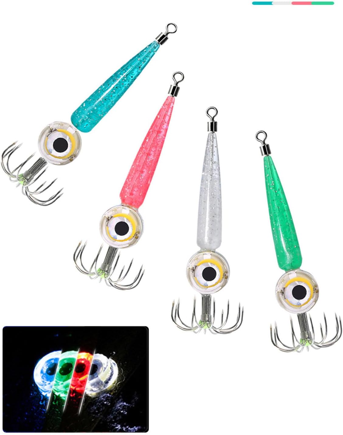 LED Lure Light with Squid Jig Hook Waterproof LED Fishing Light Underwater Flasher Light, 4 Color Set Fish Lights (Blue, Red, Green, White) Deep Drop LED Fish Light Squid Hook