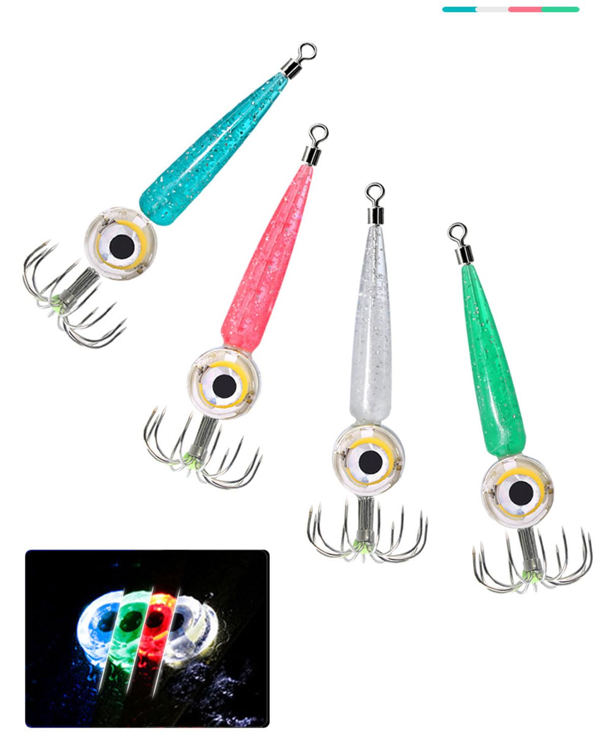 Luz LED con gancho de calamar, impermeable, luz LED de pesca, luz intermitente subacuática, juego de 4 luces de peces de colores (azul, rojo, verde, blanco) luz LED de caída profunda