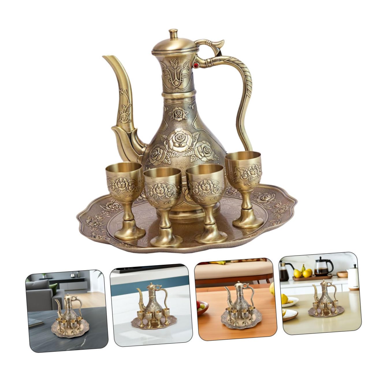 GLEAVI Weinkelchset aus Zinklegierung mit Weinkaraffe Gläsern und Tablett Elegant Vintage Design Verblassfest und Einfach zu Reinigen für Teeparty und Tischdekoration