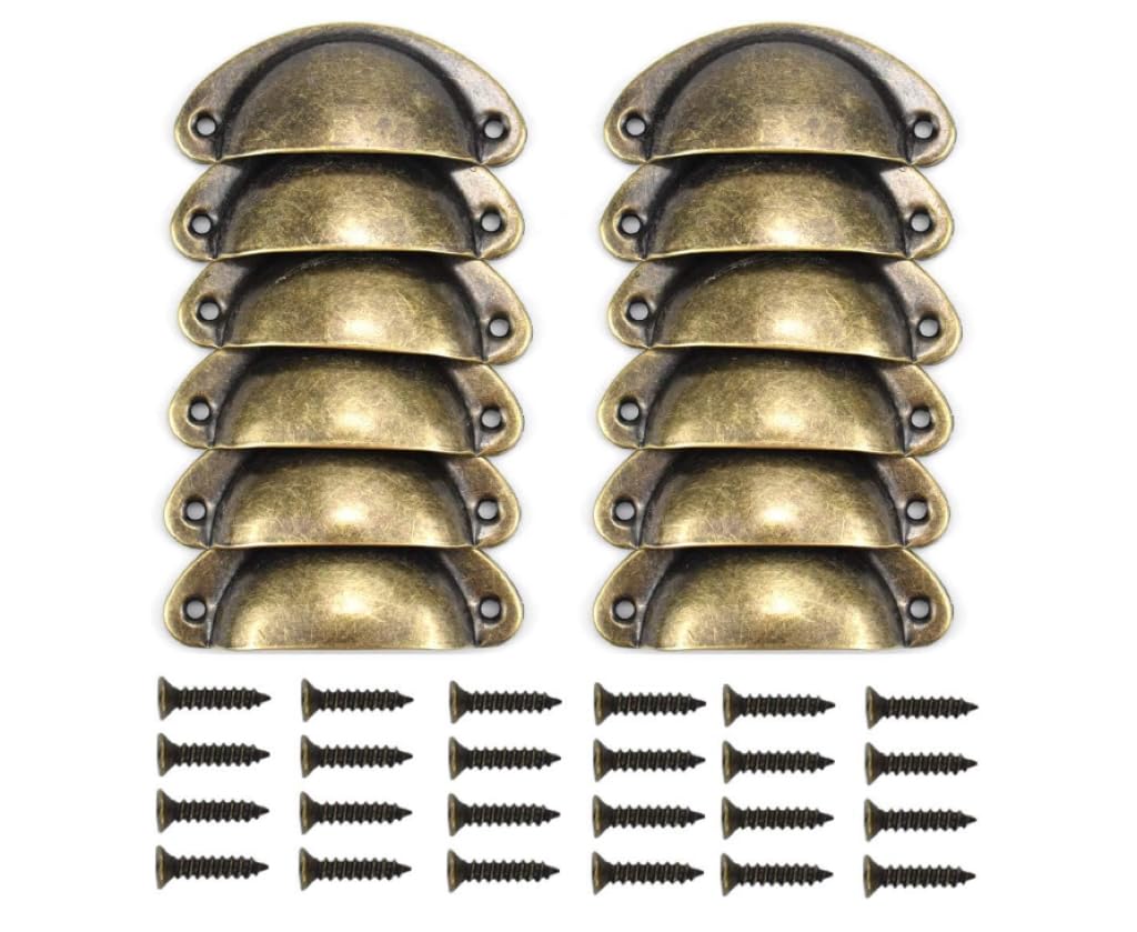 12PCS Cabinet Cup Pull Handle, Antique Brass Shell Cup Handles, Vintage Drawer Pull Handles, Semi Circle Retro Kitchen Cupboard Door Handles, Furniture Knobs Hardware with Screws for Home Office