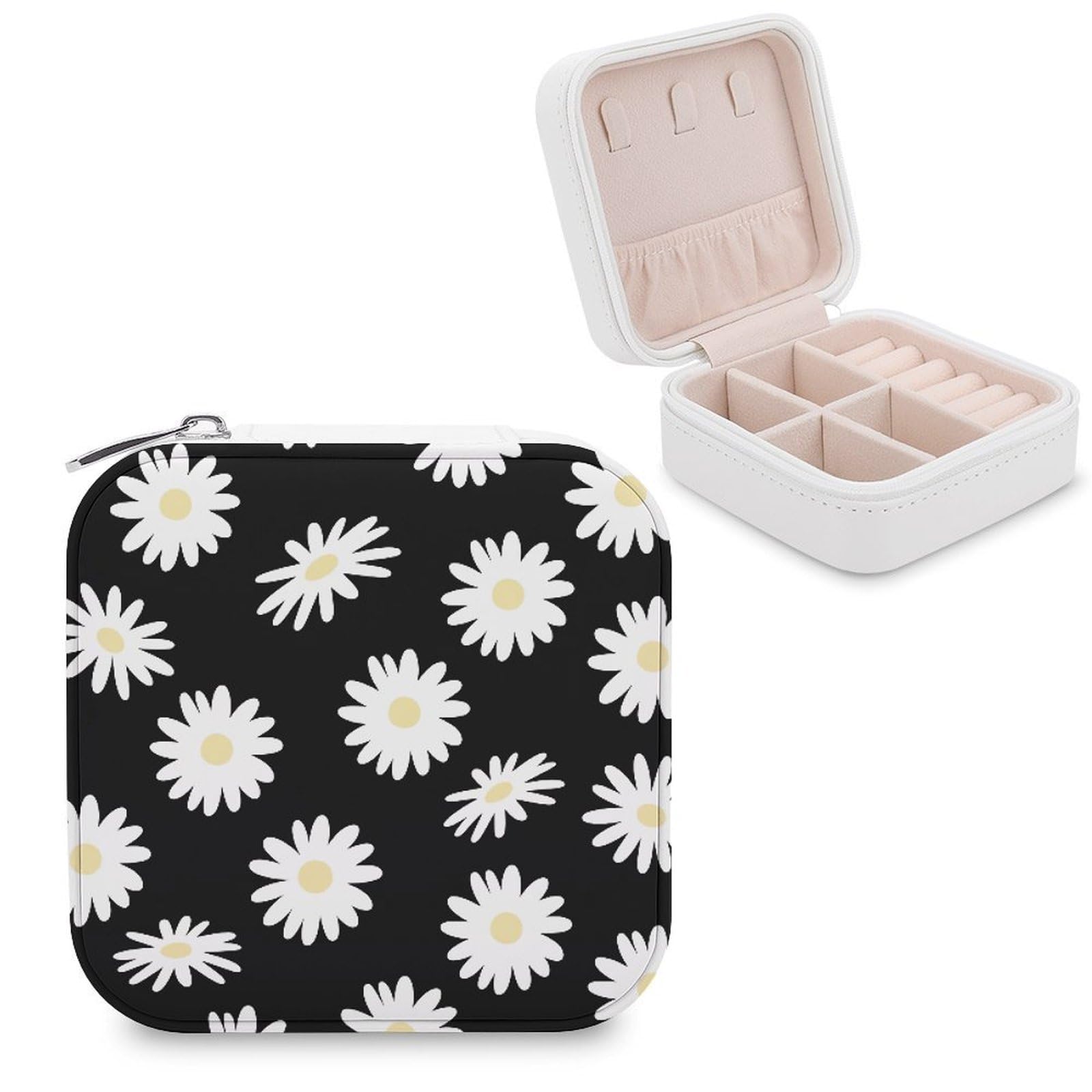 VstaDank Black Daisy Jewelry Box for Women Jewelry Organizer Storage Case with Zipper Mini Travel Jewelry Case Cute Trinket Organizer Leather Portable Jewelry Storage Box