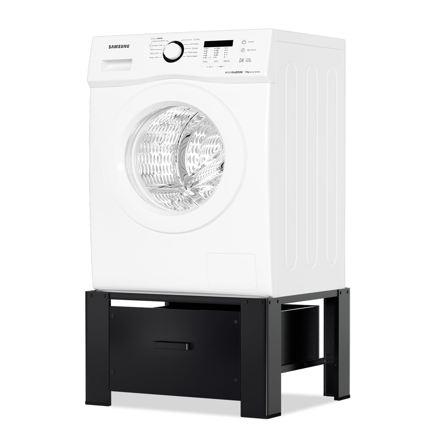 Base per lavatrice con cassetto, base per lavatrice fino a 150 kg | Base in metallo nero con cassetto integrato