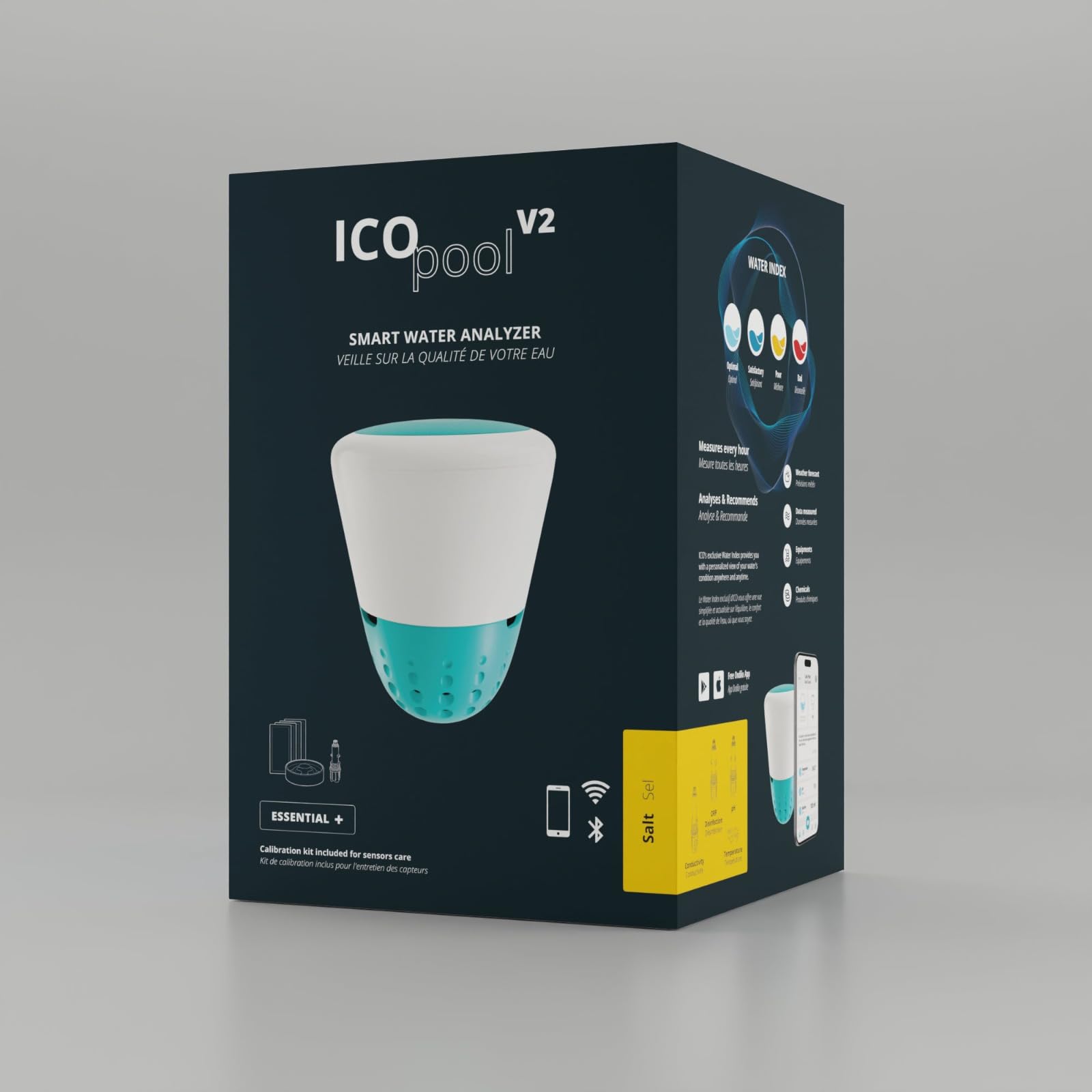 Ondilo ICO Pool V2 Essential+ Sel - Analyseur d'eau électronique pour piscines traitées au sel - Mesures toutes les heures pH, ORP, TDS et température de l'eau - Kit de calibration inclus