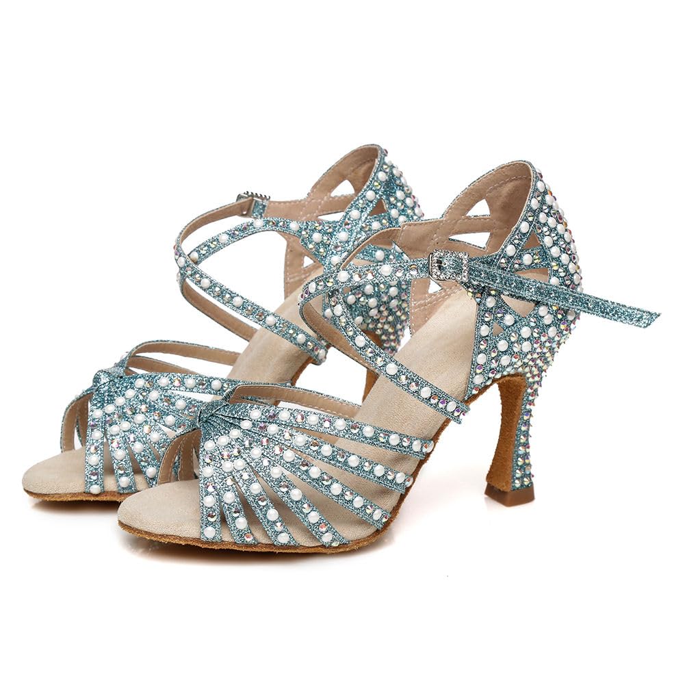 AOQUNFS Tanzschuhe Damen Latein Strass Stöckelschuhe Glitzer Salsa Tango Bachata Samba Party Hochzeit Ballsaal Tanz Schuhe,L429