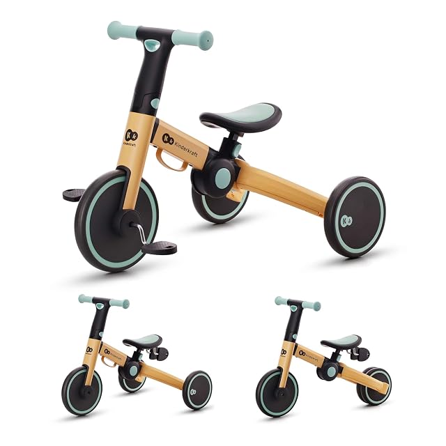 Kinderkraft 4TRIKE Triciclo 3 en 1, Minibicicleta, sin Pedales, Bicicleta bebé, para niños, Minitriciclo de Equilibrio, Plegable, Asiento Ajustable, 12 meses - 5 años, 25 kg, Amarillo y Azul