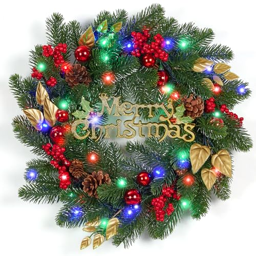 Pre-Lit Christmas Wreath with 40 Colorful Lights, Artificial Christmas Wreath Decorated with Pine Cones, Berry Clusters, Ball Ornaments, Christmas Decorations for Window Indoor Outdoor