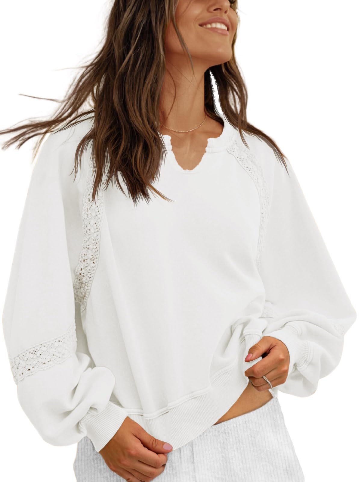 Fisoew Felpa oversize da donna casual con scollo a V in pizzo lanterna a maniche lunghe ritagliata vestibilità ampia autunno pullover top