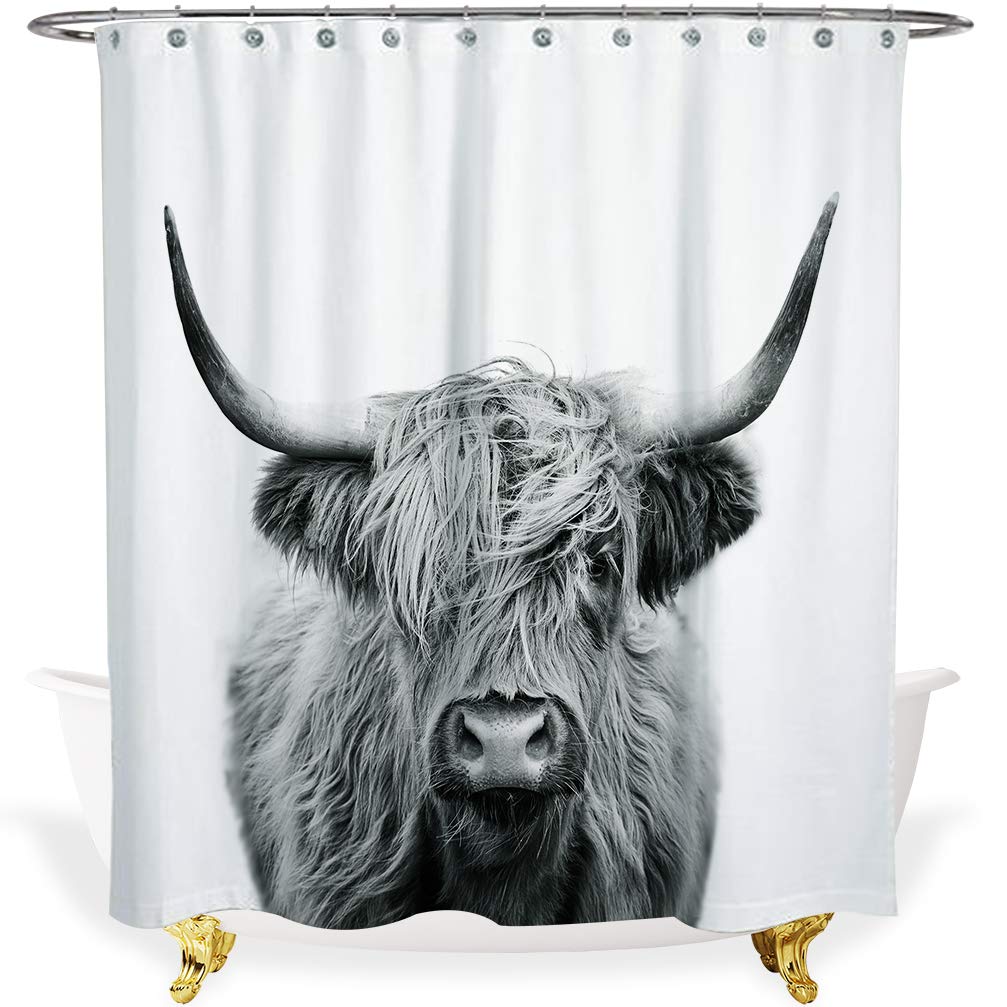 Alimumu Cow Shower Curtain - White Shower Curtains for Bathroom Decor, Black and White Gray 3D Art Print (72x84,Grey Highland Cow)