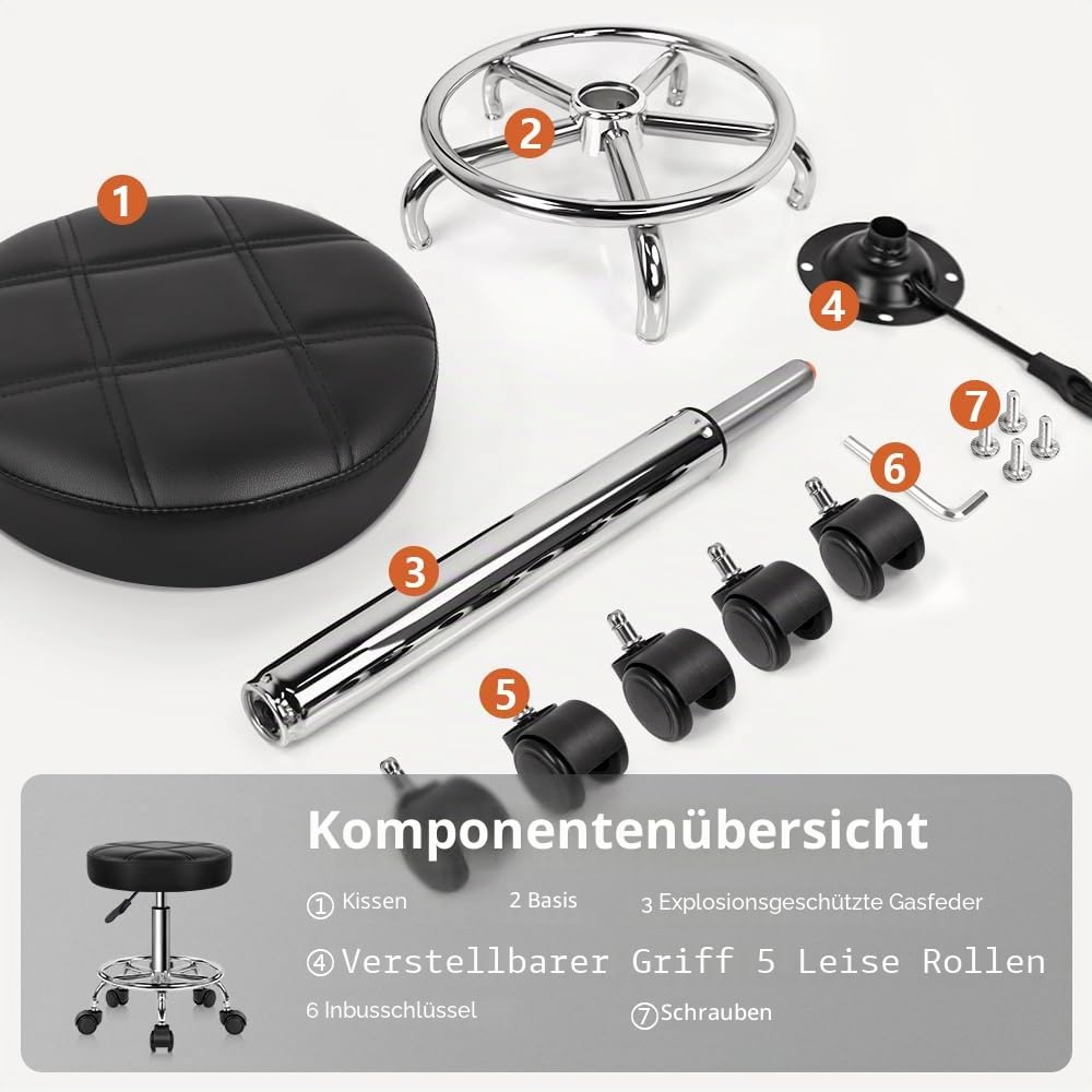 KKTONER Rollhocker Arbeitshocker Barhocker höhenverstellbar 49-64cm drehbar aus Kunstleder Schwarz