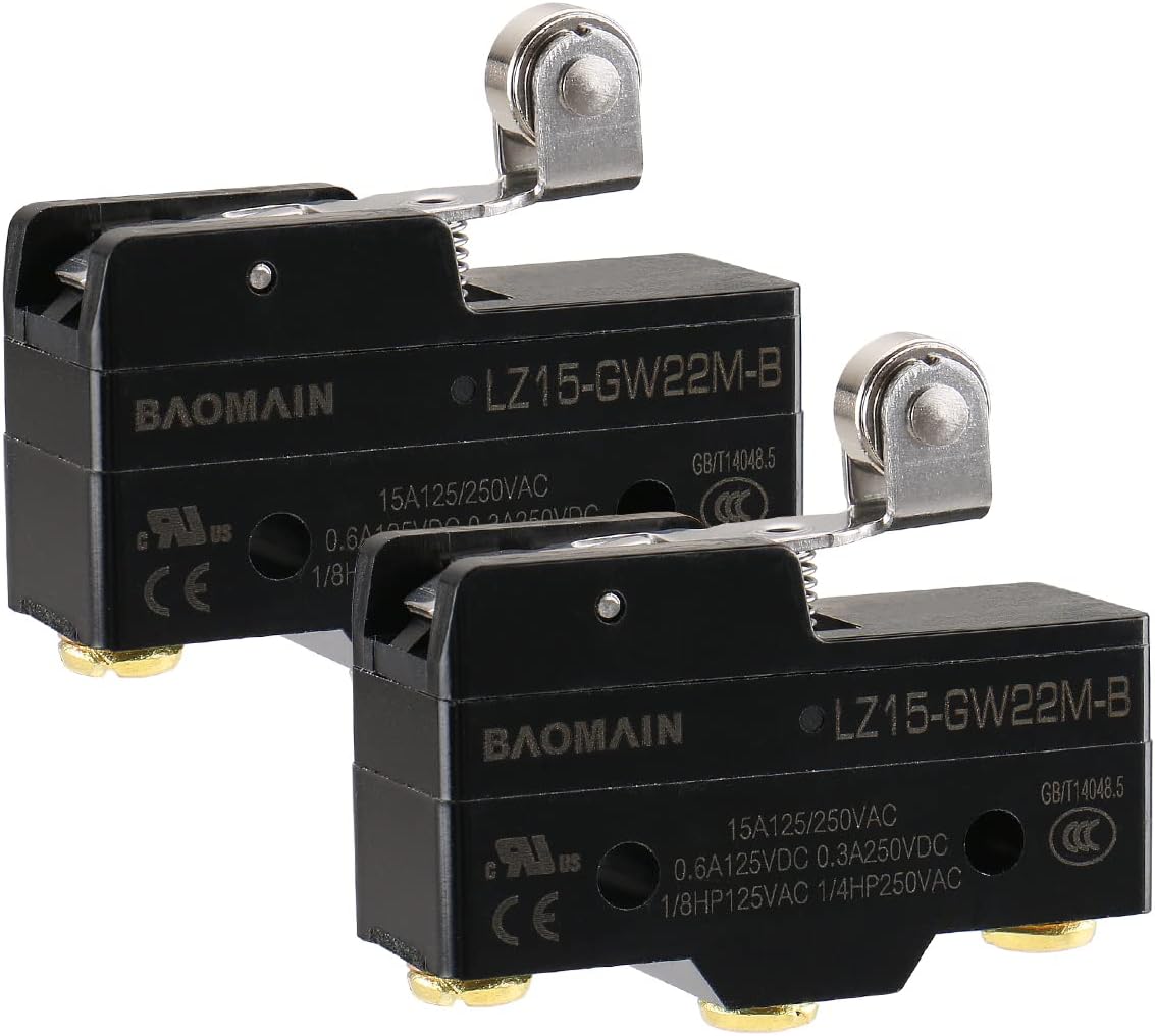 Baomain General Purpose Basic Switch Z-15GW22S-B3(LZ-15GW22M-B), Short Hinge Roller Lever, Screw Terminal,15A Rated Current UL,CE Pack of 2