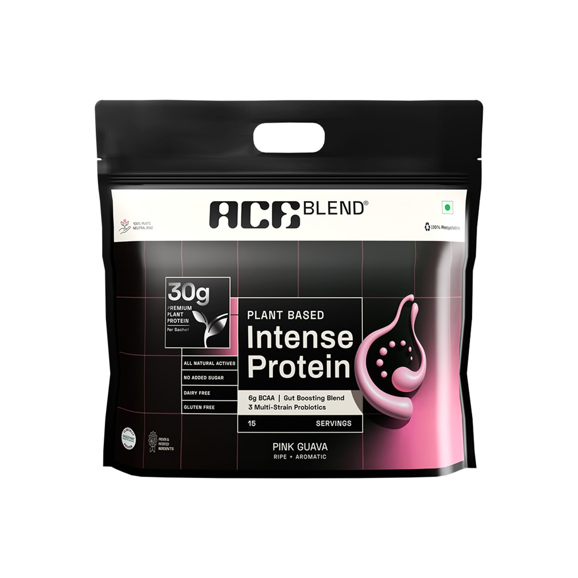 Ace Blend Intense 30G Plant Protein (15 Servings) | Pea & Brown Rice Isolate | 6G BCAA | Complete Amino Acid Profile | Gut Friendly | Muscle Growth & Recovery | Men & Women | Pink Guava Flavour