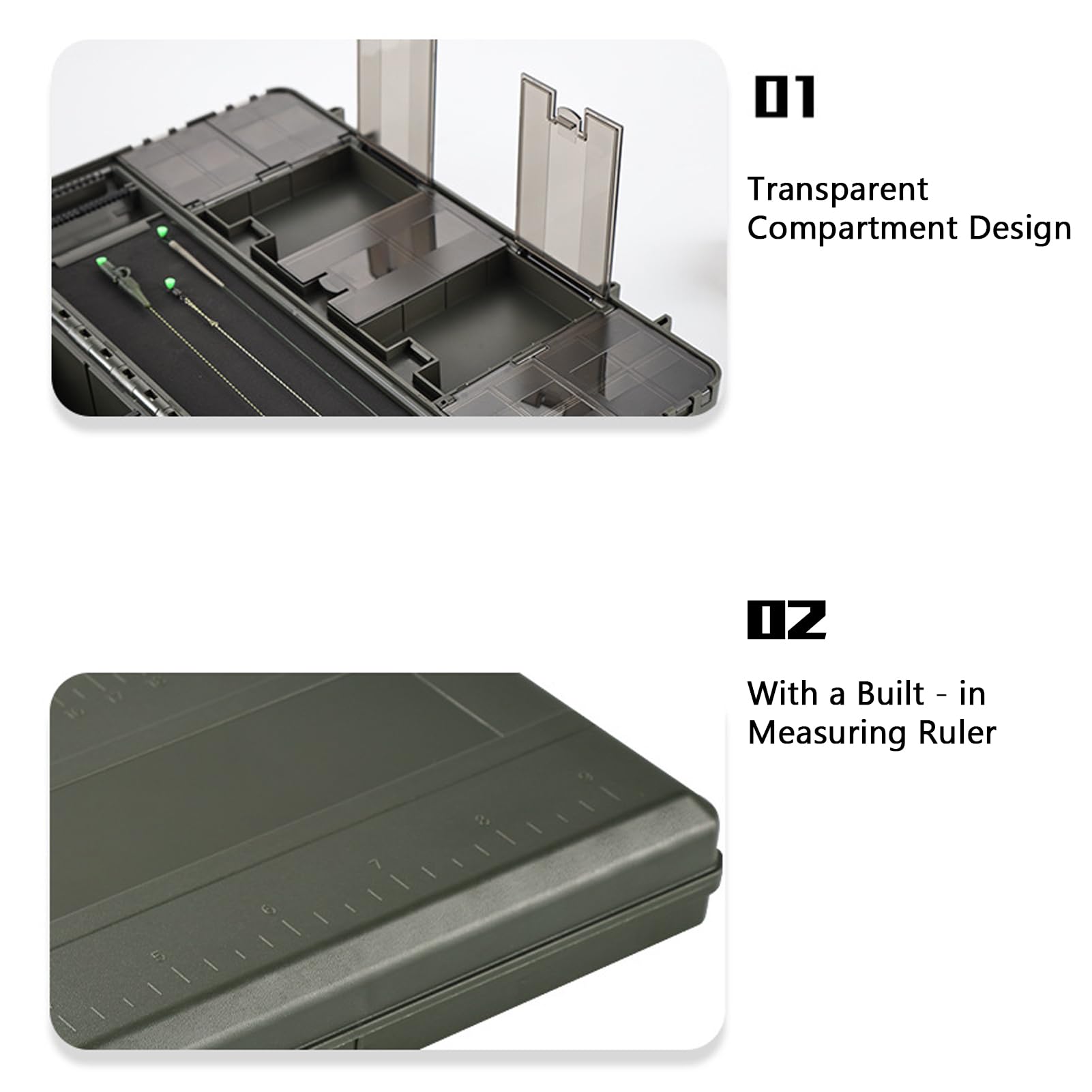 Organizador de Caja de Aparejos de Pesca Material de PC ABS de Primera Calidad Diseño de Rejilla Transparente Duradero Compartimentos extraíbles Regla de medición incorporada para