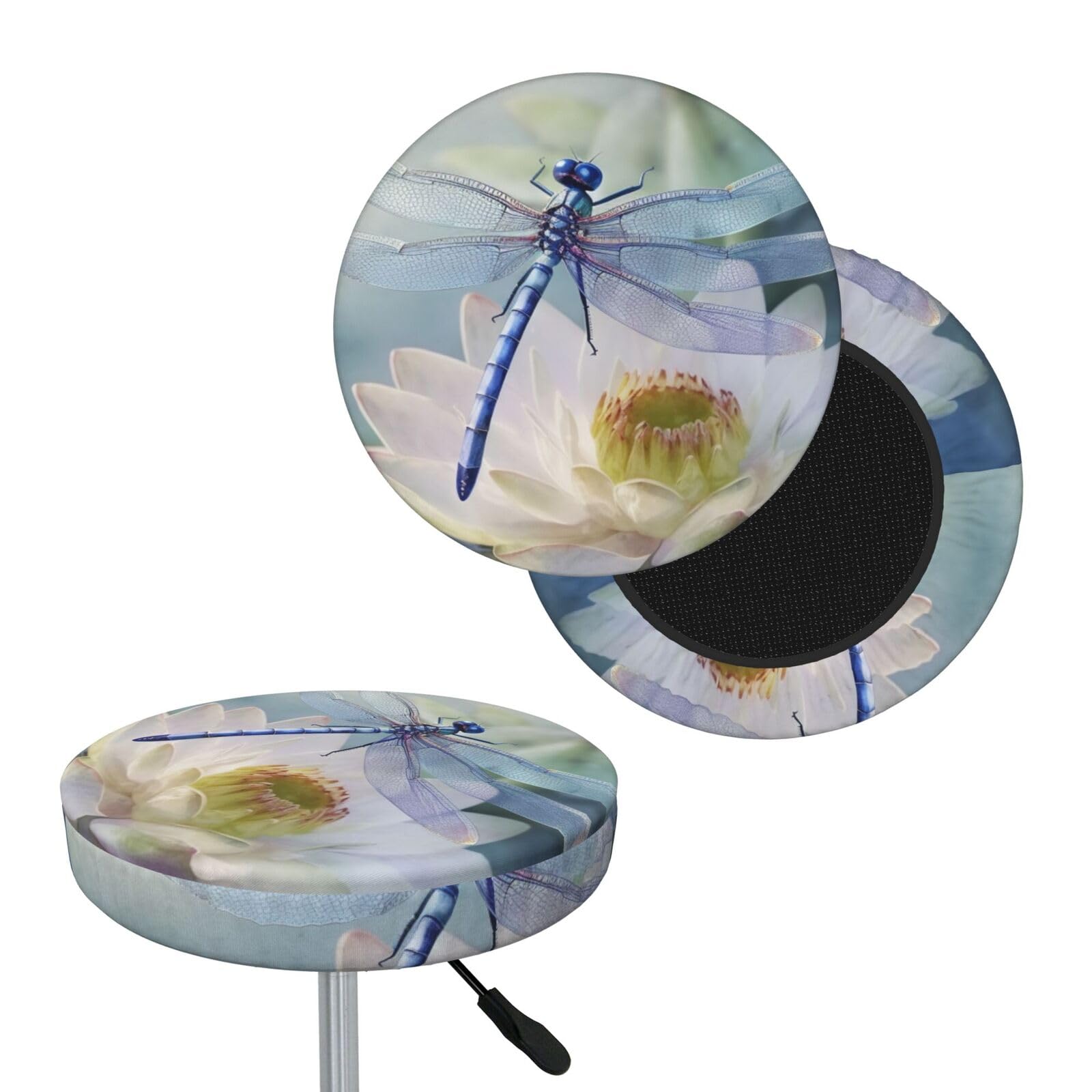 FekiLoot Dragonfly Lotus Round Bar Stool Covers Stretch Washable Bar Stool Covers Dustproof Slipcover Bar Chair Covers with Elastic Band for Bar Kitchen Living Room Decor 13 Inch