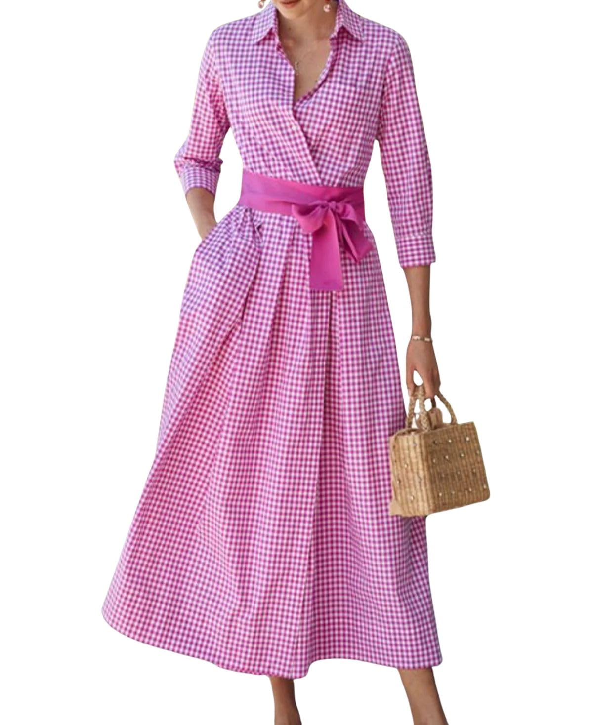 chouyatou Women's Retro Plaid Button Up Maxi Shirt Dress 3/4 Sleeve Gingham Pocketed Long Dress with Belt