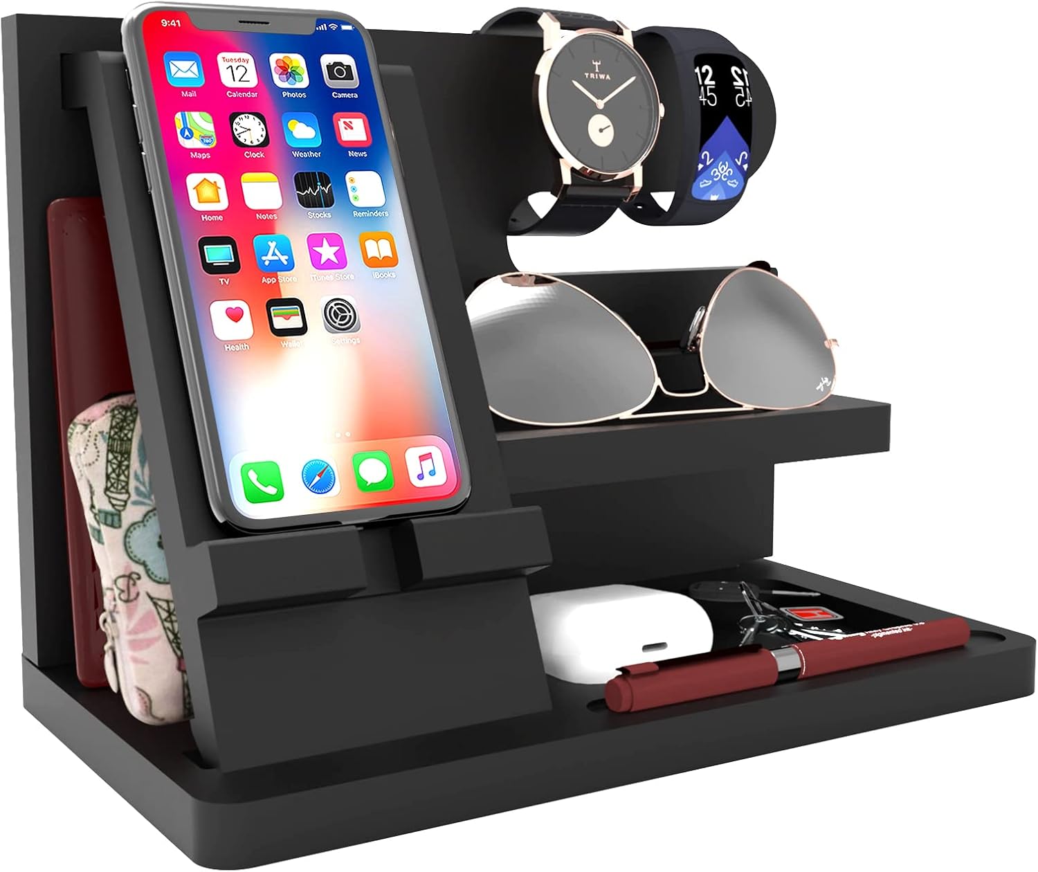 Gifts for Men Wood Phone Docking Station Birthday Gift for Men Valentines Day Gifts Father Gift for Him Boyfriend Nightstand Organizer Desktop Phone Stand Black