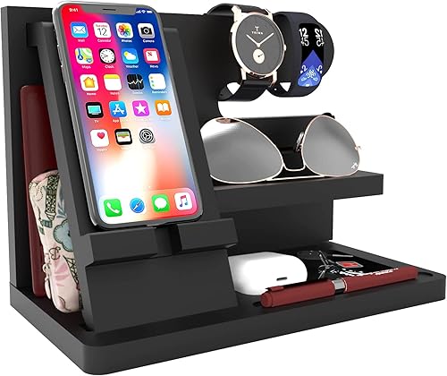 Organizador de escritorio para hombre, estación de acoplamiento de madera, soporte para llaves, cartera, organizador de relojes, regalos de