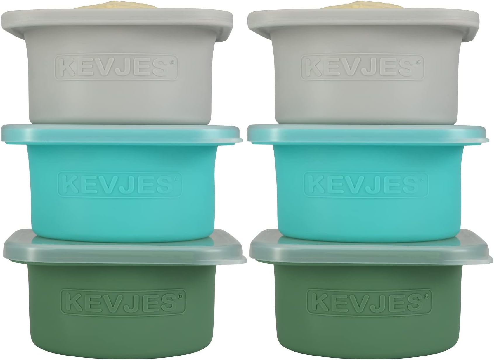 KEVJES Stackable Silicone Pizza Dough Tray with Lids-500ml portion-6pack (2 Green+2 Blue+2 Grey)