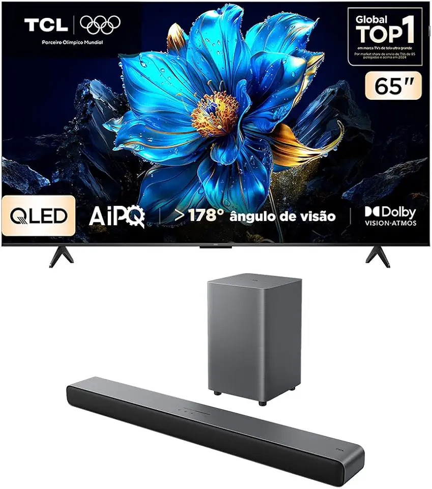 Combo Smart TV TCL 65 QLED 4K P7K WiFi Bluetooth HDR10+ 65P7K e Soundbar TCL Subwoofer 2.1 S55H