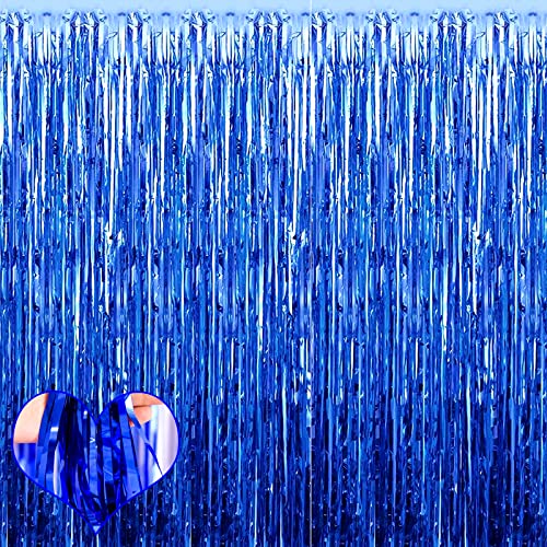Image of 4 Pack Blue Fringe Curtain Backdrop, 3.2Ft x 9.8Ft Metallic Tinsel Foil Fringe Streamers Background for Photo Booth Birthday Wedding Baby Shower Easter Shark Pool Ocean Underwater Party Decorations