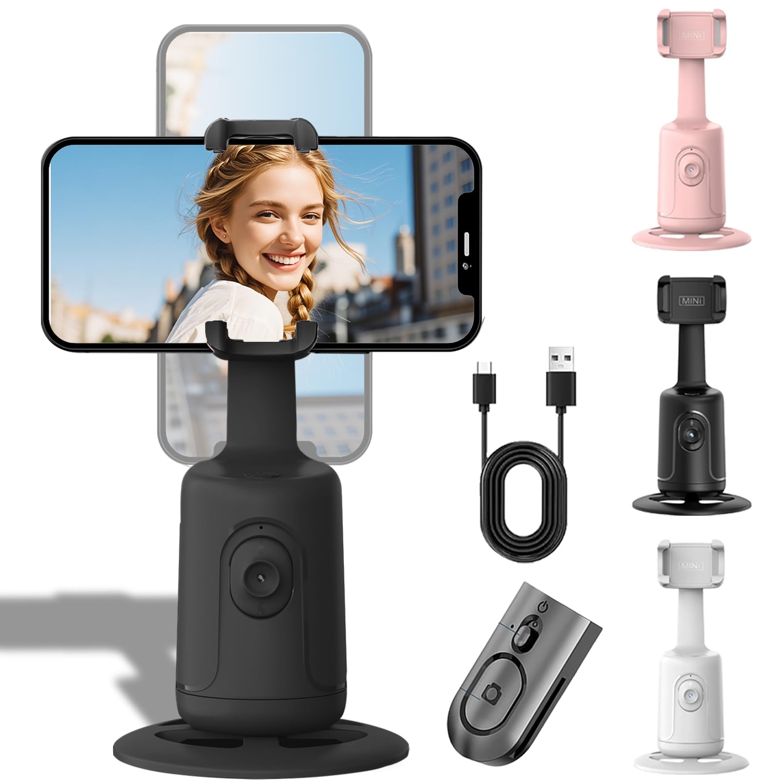 Smart AI Facial Recognition Phone Tripod, Auto Face Tracking & 360° Rotating Tripods Selfie Stick, Smart Tracking Gimbal Tripod with Remote for Video Recording Vlogging Selfie (Black)