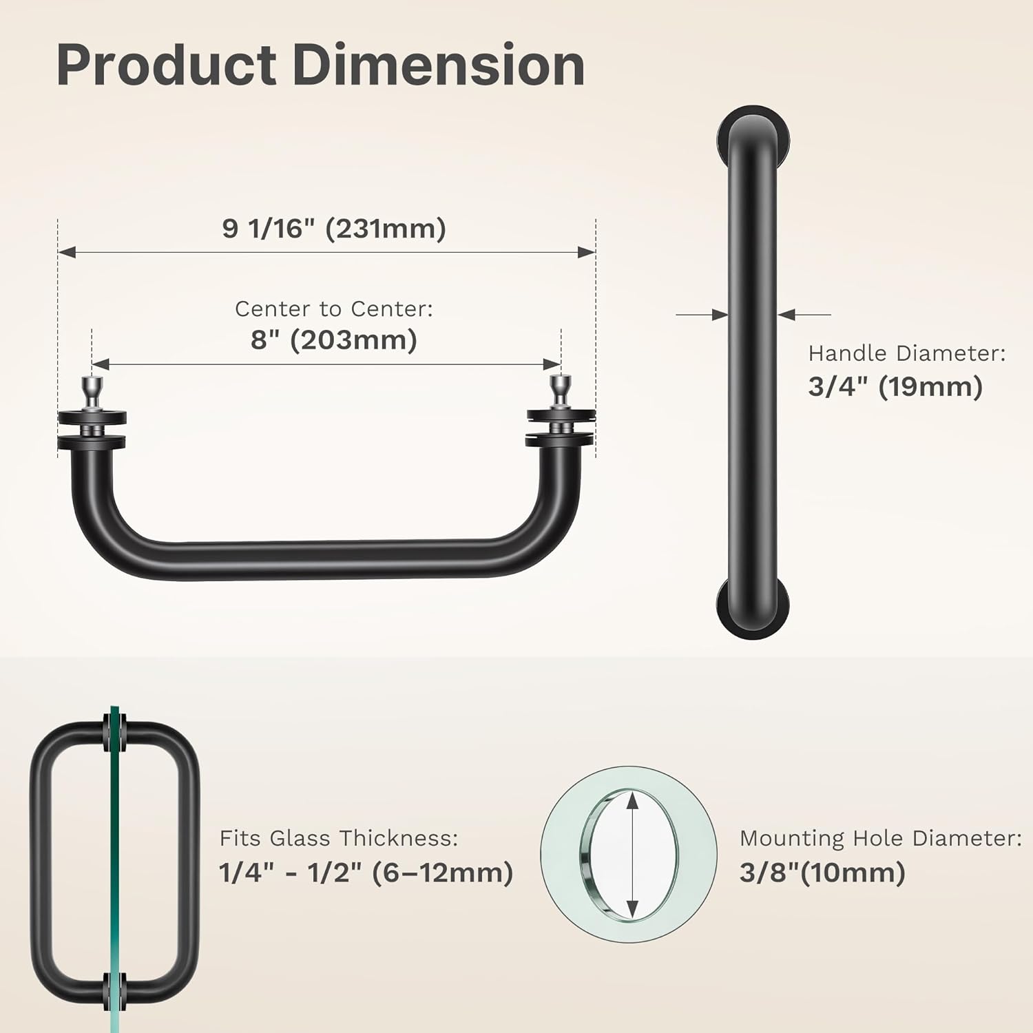 DEBOX 304 Stainless Steel Shower Door Handle, Round Back-to-Back Pull, 8" Hole Centers, Fits 1/4" to 1/2" Glass, Heavy Duty Glass Door Hardware (Matte Black)