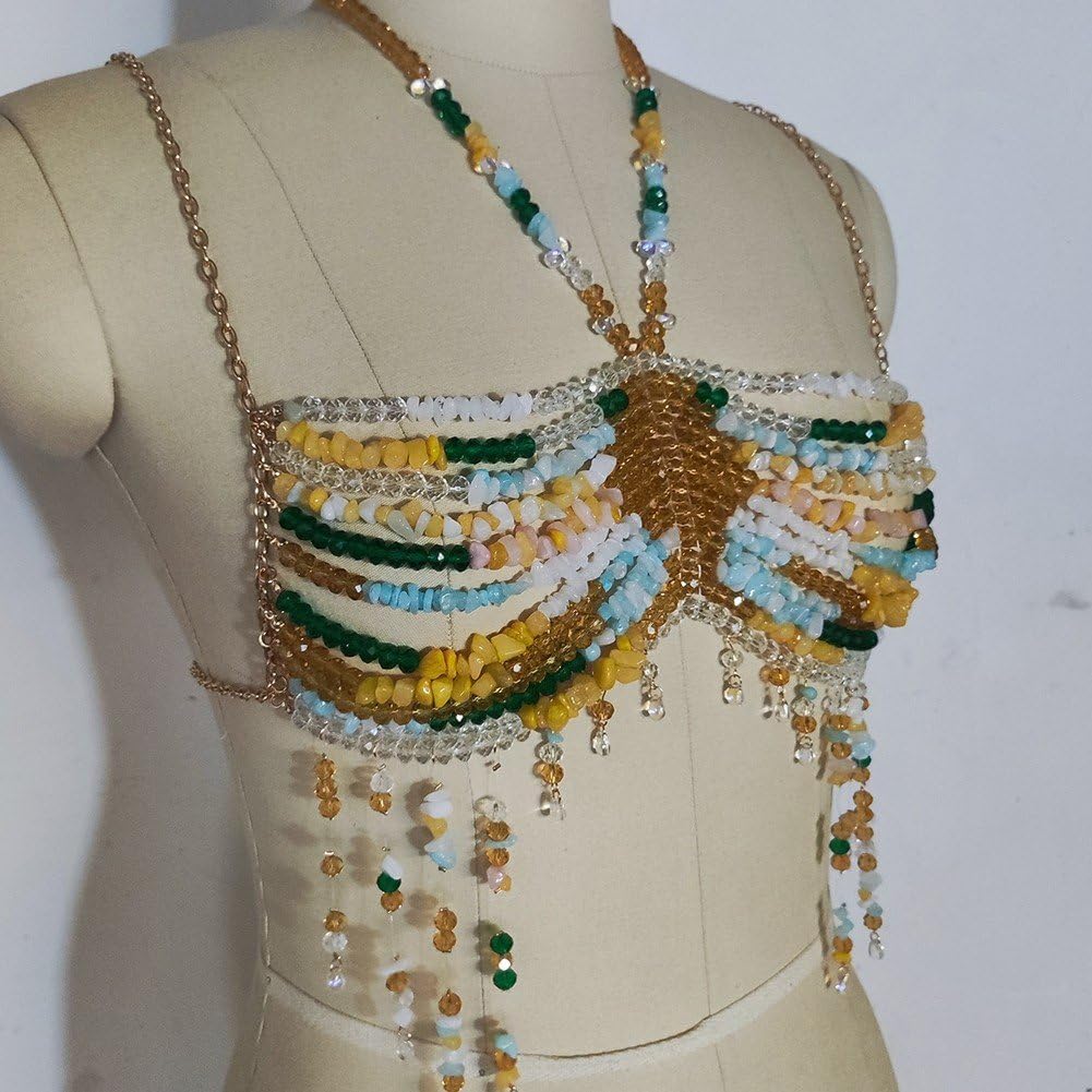 Bead Body Chain Colorful Beaded Bra Chain Beach Bikini Chain Harness Body Accessories for Summer Camping Vacation