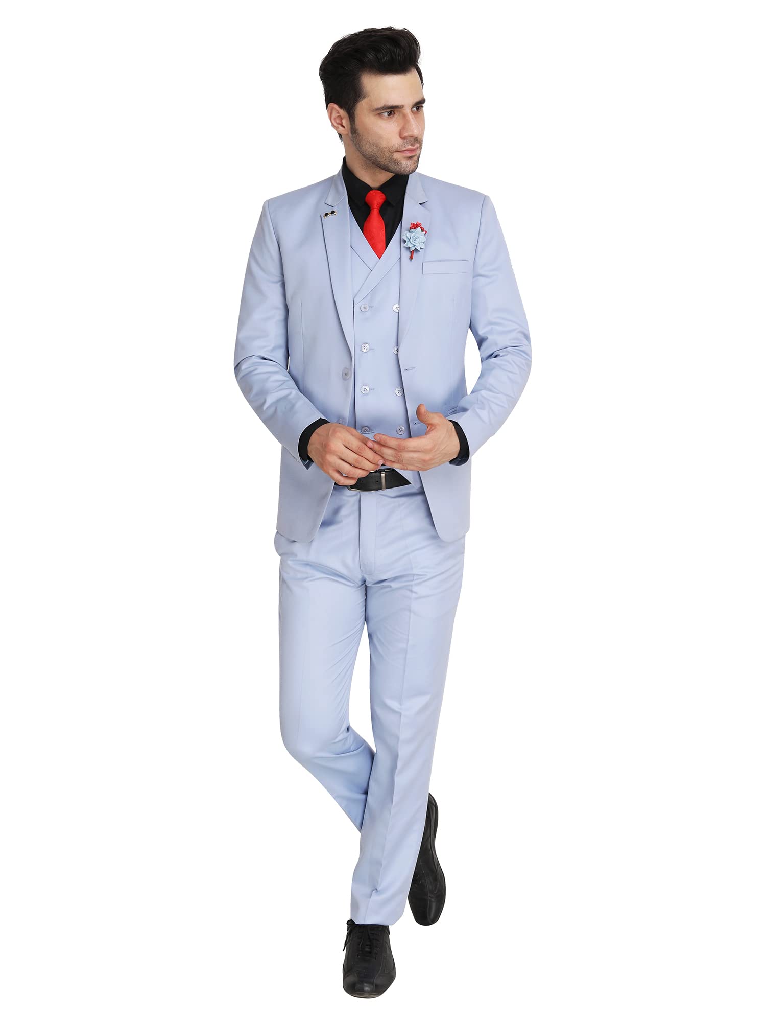 VYOM Enterprise Men's Slim Fit Tuxedo 3 Pieces Suit Set Notch Lapel Suit with Double Breasted Waistcoat Crocodile (34, Sky Blue)-picture-37
