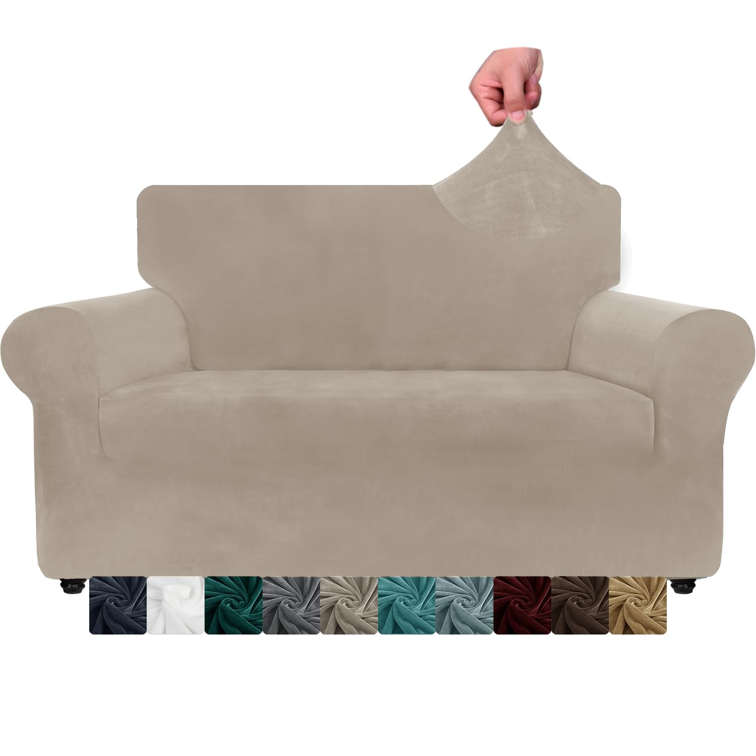 CHELZEN Velvet Couch Covers 2 Seater Thick Stretch Sofa Covers for Dogs Pets Non-Slip Love Seat Couch Slipcover Washable Furniture Protector for Living Room (2 Seater, Khaki) โ image 1