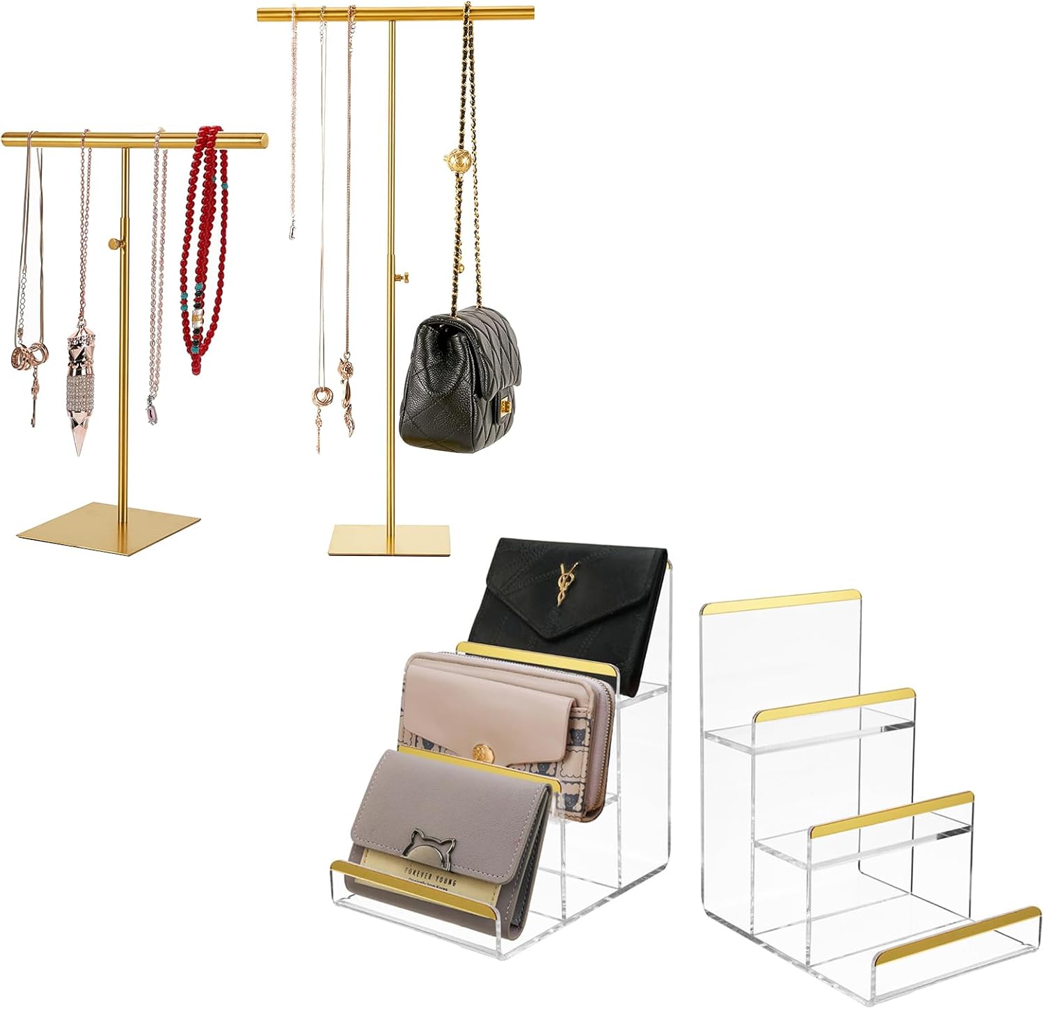 Necklace Holder Jewelry Stand and 2 Pack 3-Tier Purse Display Stands