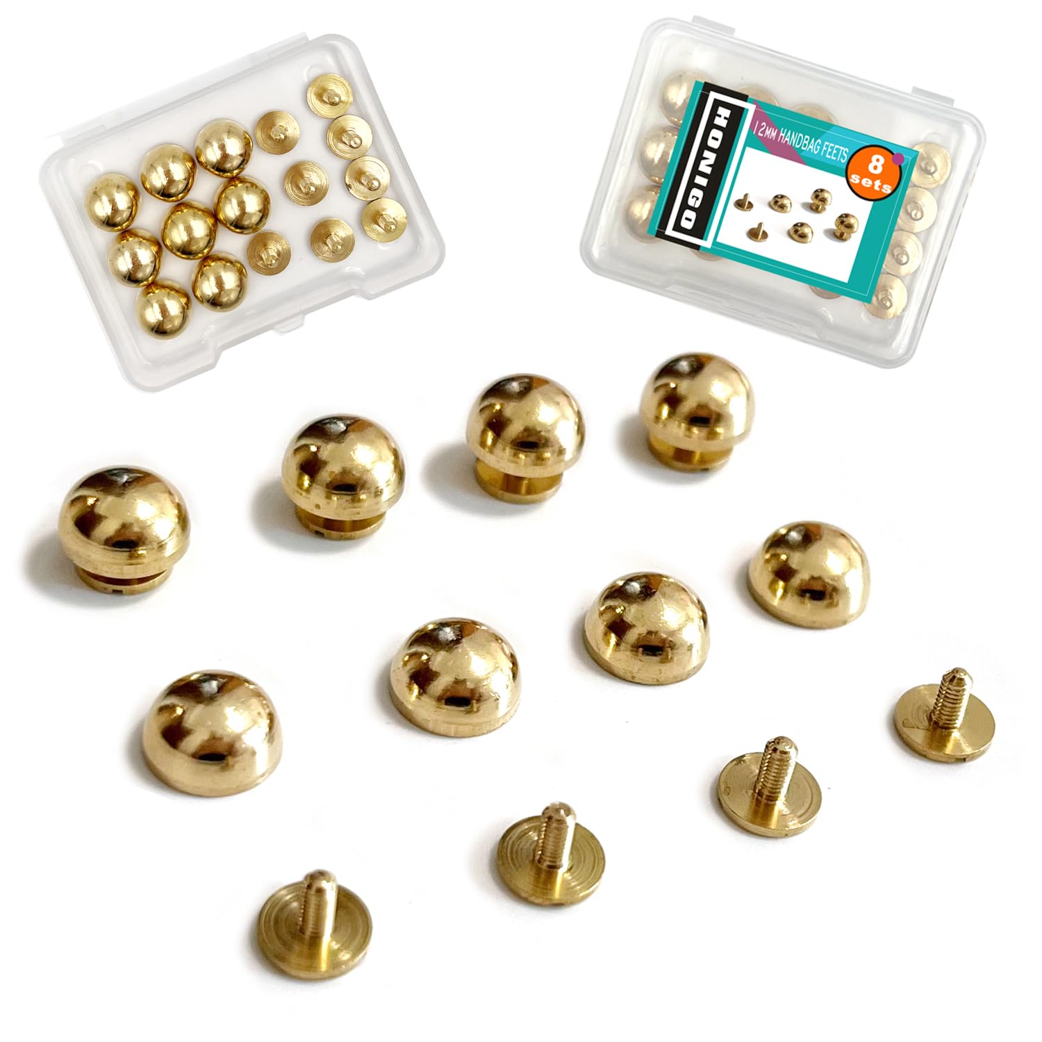 honigo 8 Pcs Gold Rivets Stud Handbag Purse Feet 1/2 inch Round Metal Solid Brass Studs Screw Back Feet 12mm Buckle Spikes Leathercraft for Leather Bag Totes DIY Craft