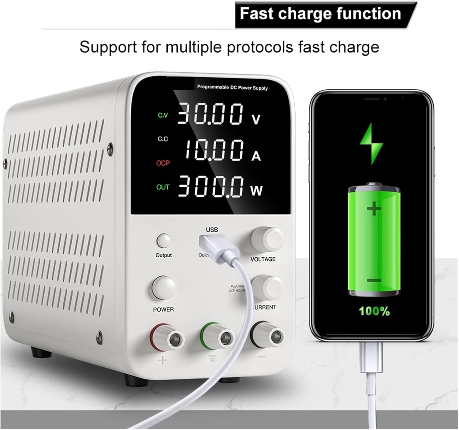 AGAGA WPS3010 power supply charging a smartphone via its USB port