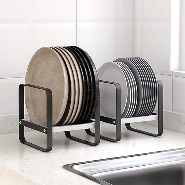 Baffect 2 Pack Metal Plate Rack, Plate Dish Draining Rack, Black Plate Drying Rack, Pan Rack Holder Stand for Kitchen Cupboards Organiser Dish Plate Thin Bakeware Baking Tray Pot lid
