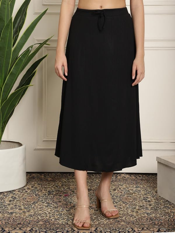 Image of NEUDIS Women Black Ribbed Flared Maxi Skirt