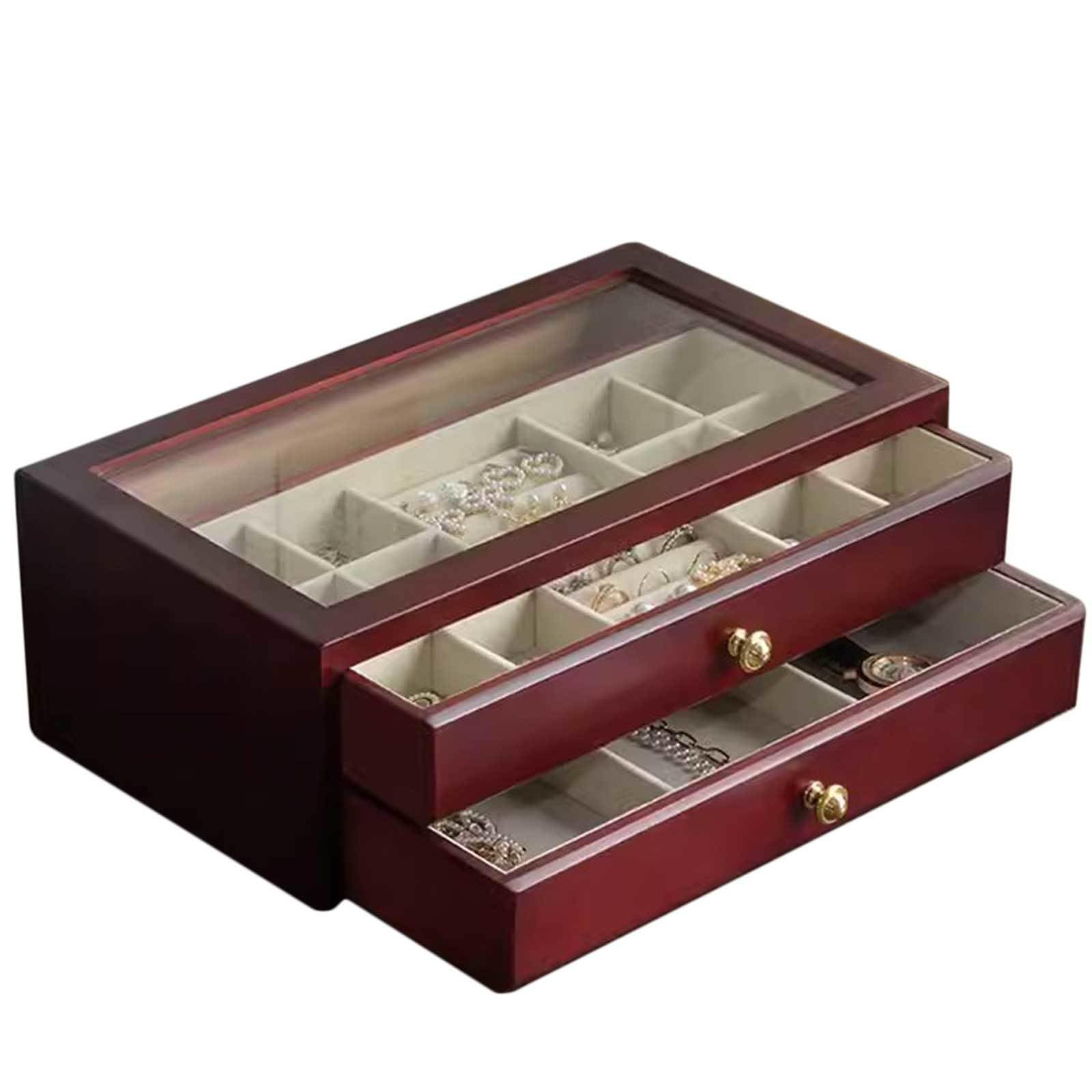 Joyero de madera, organizador vintage con tapa de cristal transparente, estuche de almacenamiento rústico de dos capas para anillos, collares y broches
