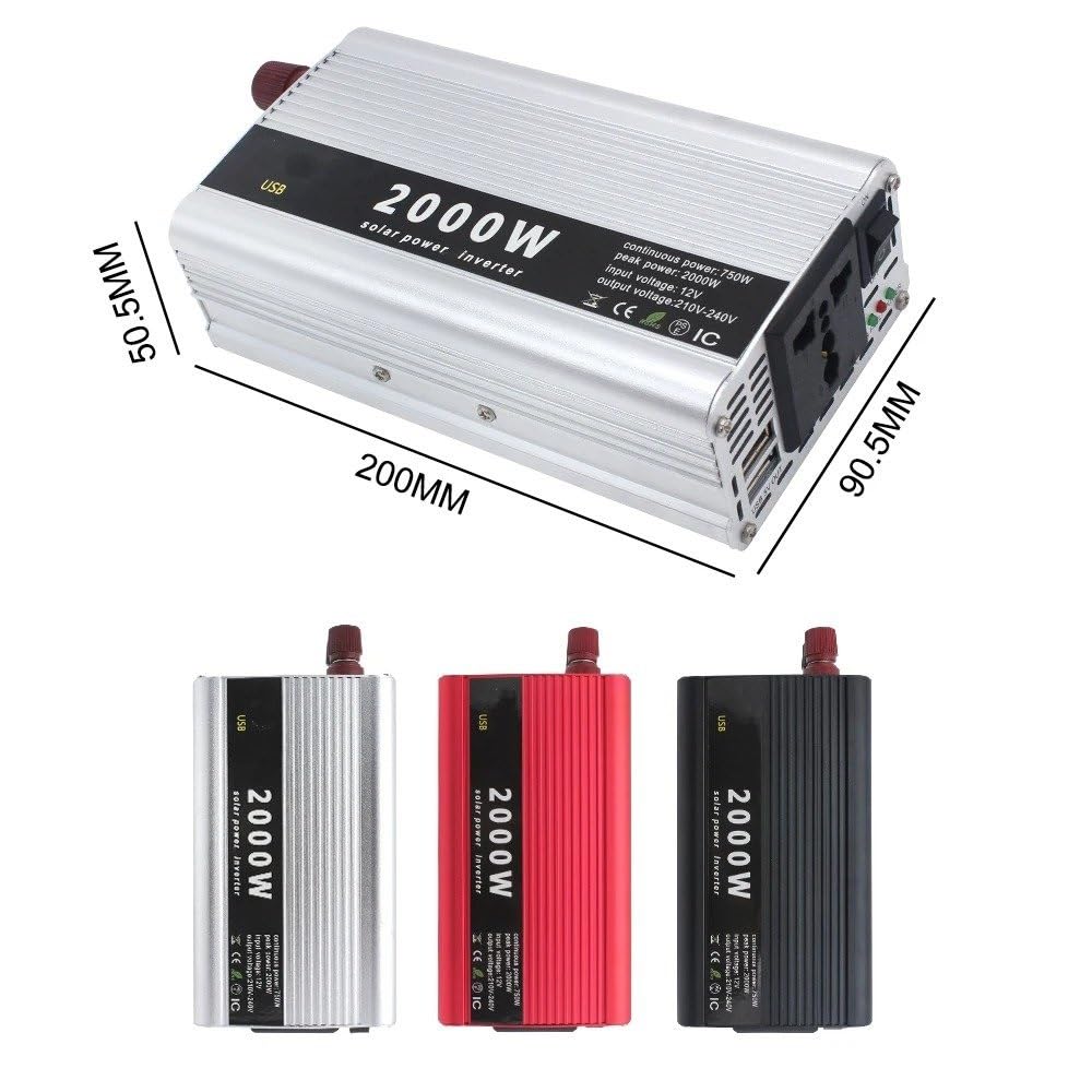 Inverter Convertitore Nero Rosso Argento Dual USB 2000W Portatile Inverter Caricabatterie Convertitore Adattatore DC 12V/24V A AC 220V 230V Presa Universale(12V 220V Red)