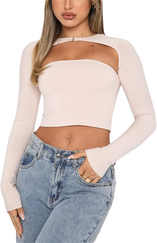 Women Cut Out Long Sleeve Crop Top Hollow Out Neckline Aesthetic