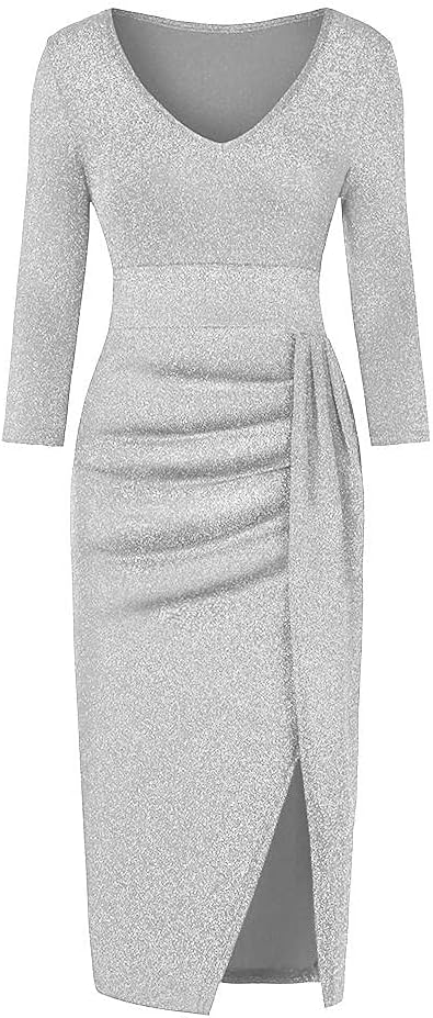 FOVIGUOWomen V-Neck High Slit Cocktail Dress Sequin Long Sleeve Ruched Slit Empire Waist Evening Party Dresses
