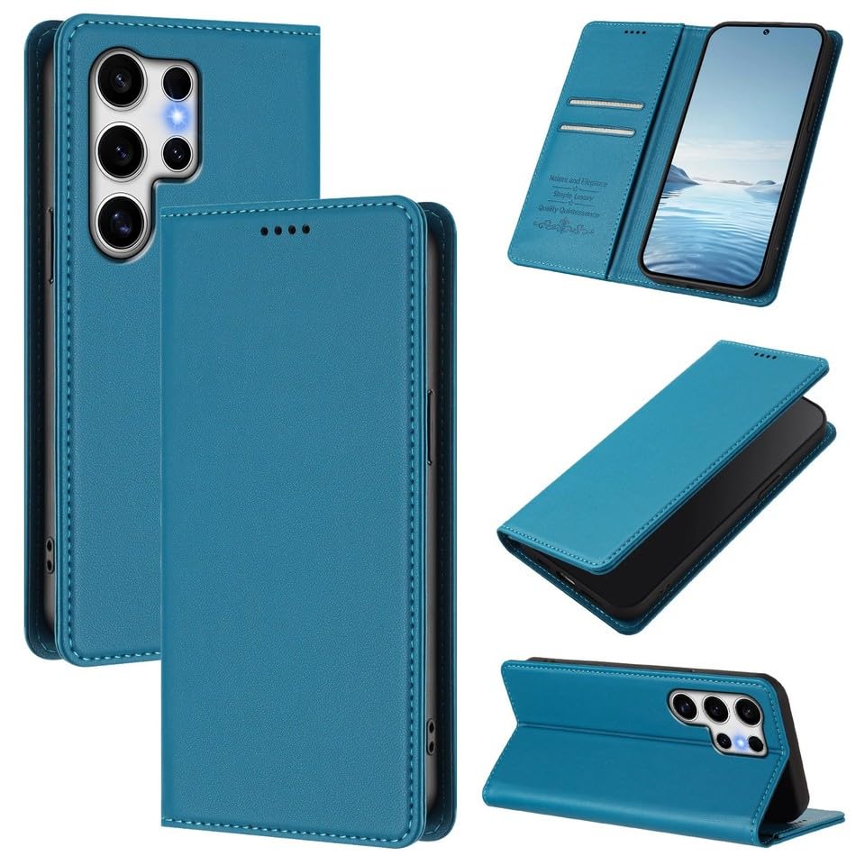 Étui portefeuille Galaxy S25 Edge bleu fermeture magnétique avec support vidéo horizontal