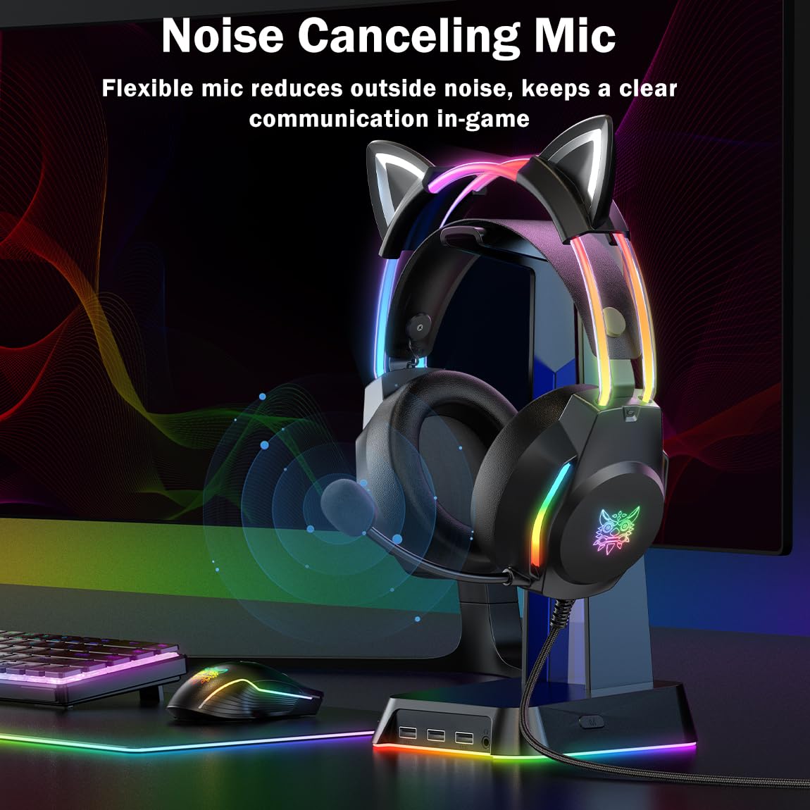 Cuffie da gioco con orecchie di gatto, cuffie retroilluminate RGB per PC/PS4/PS5/XBOX/Switch con microfono a cancellazione del rumore, suono surround virtuale 7.1, design leggero e archetto a