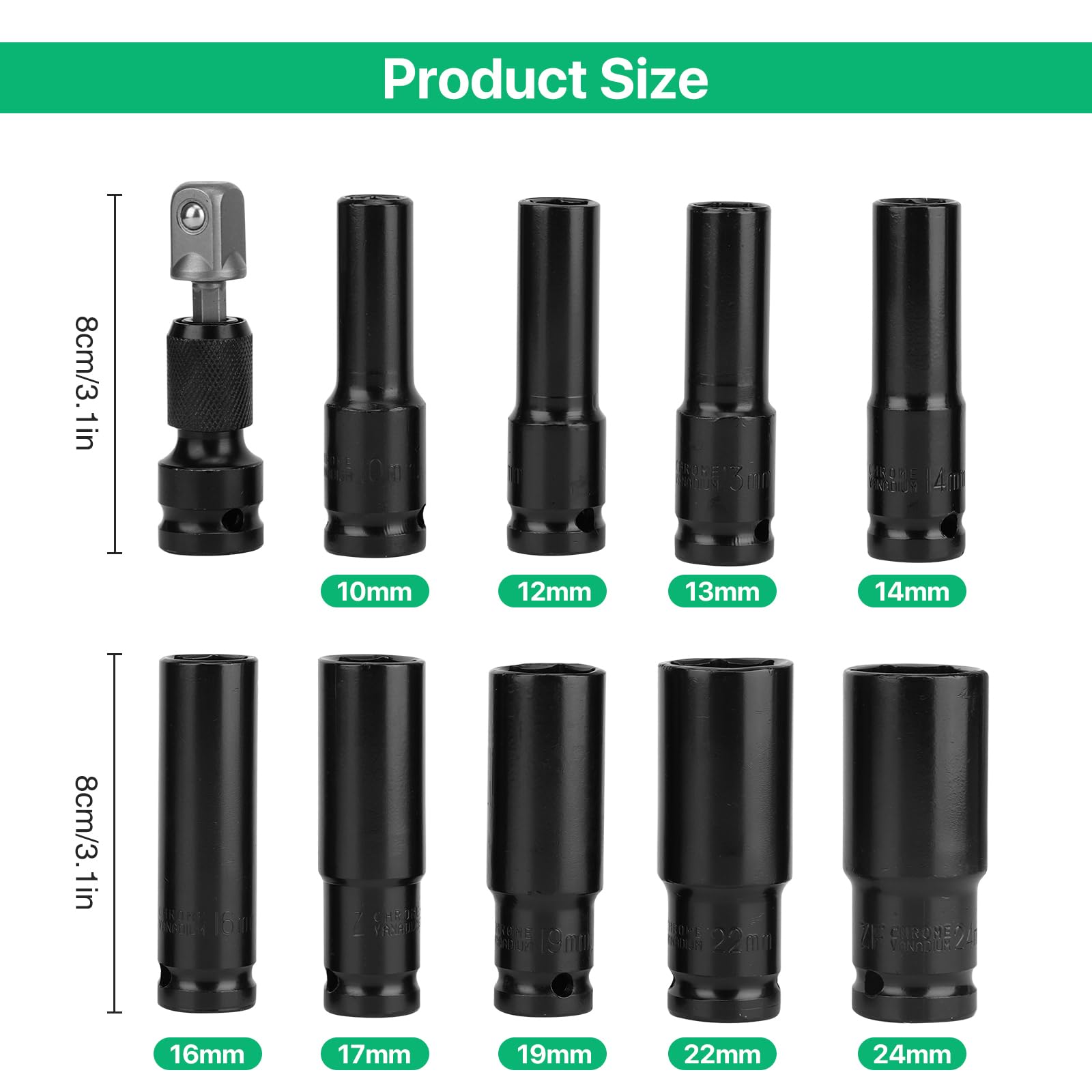 ZONJIE 11-teiliges Schlagschrauber-Steckschlüsselset 1/2 Zoll – Lange Nüsse 10-24 Mm, Mit Kunststoffkoffer