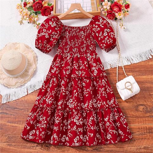 KAGAYD Kids Girls Summer Dress Puff Sleeve Ruffle Smocked Square Neck Midi Dress 8~12 Years2