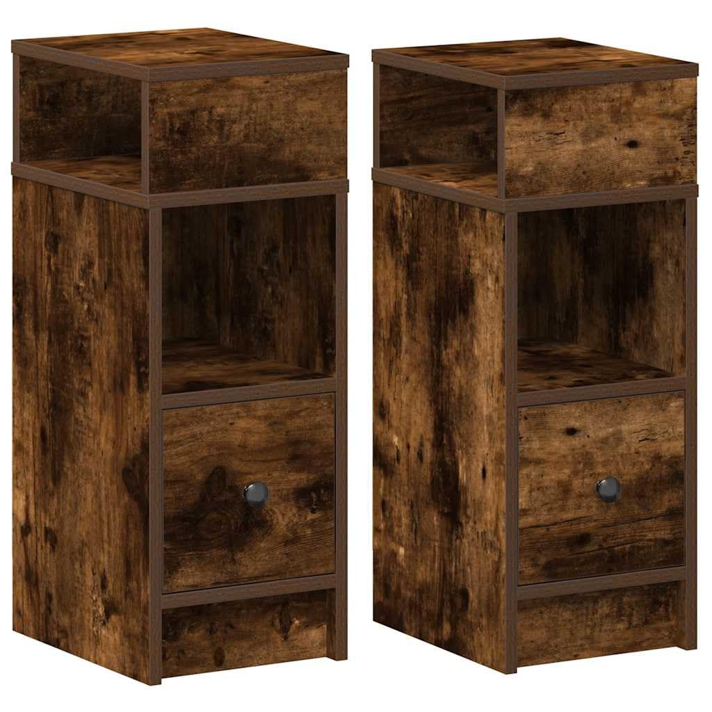 vidaXL Bedside Cabinets Set of 2 - Smoked Oak Nightstands With Drawer - Engineered Wood Modern Bedroom Tables - 25x31x66 cm
