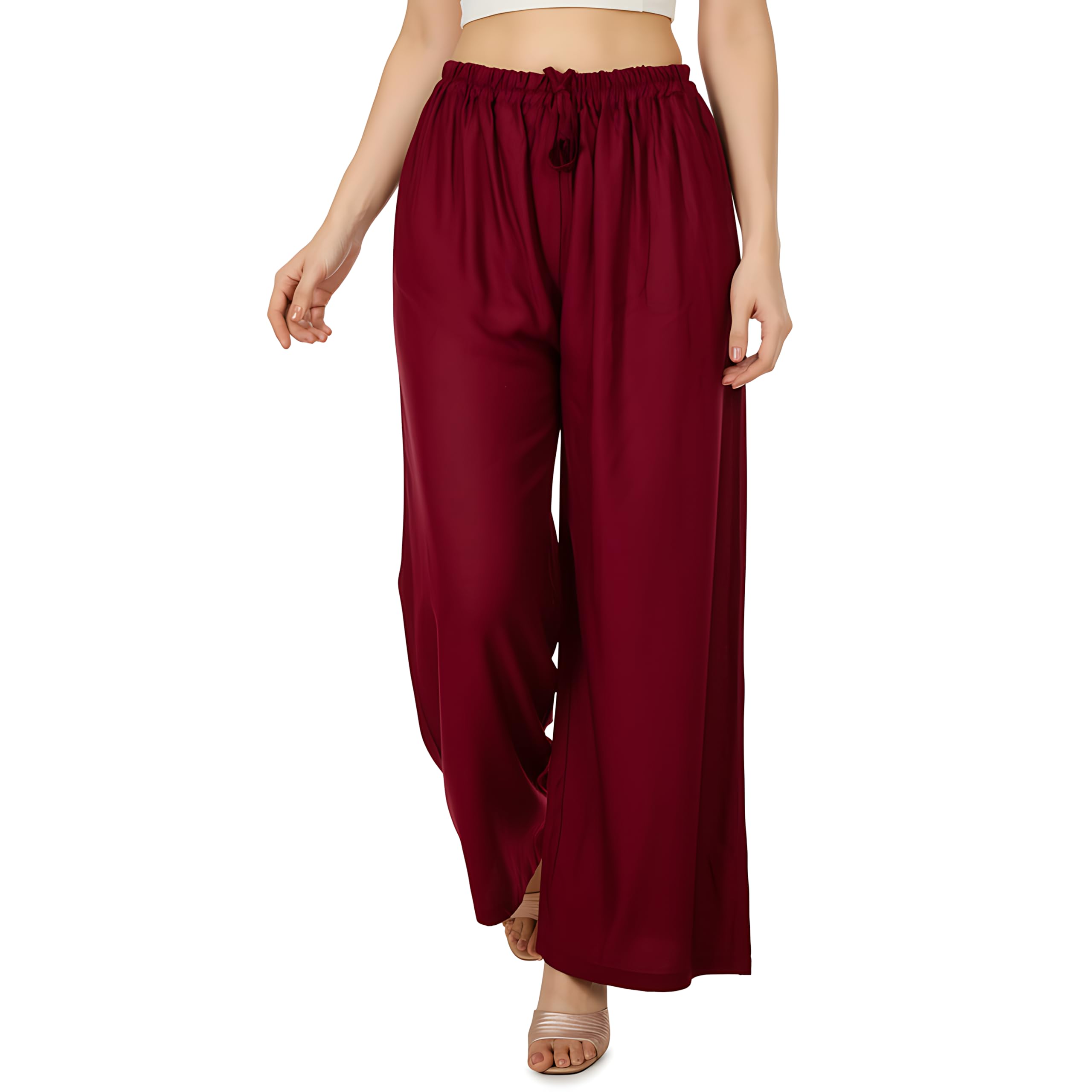 Solid Maroon Palazzo | Soft Rayon Fabric Wide Leg Pants | Elastic Waist Casual Bottoms for Women | XS to 7XL Comfortable Trousers-image-10