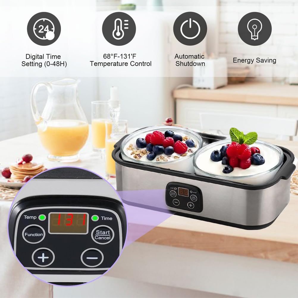Yogurtiera Elettrica con 2 Vasetti in Vetro | Controllo della temperatura regolabile, yogurtiera in acciaio inox per yogurt probiotico, biologico e dessert fatti in casa