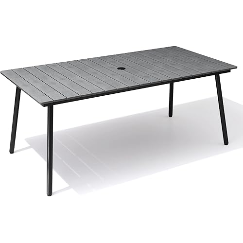 Outdoor Dining Table, 70inch Patio Dining Table with Wooden-Like Top and Aluminum Frame, Rectangular Table with Umbrella Hole Outdoor Furniture, Only Table, Grey