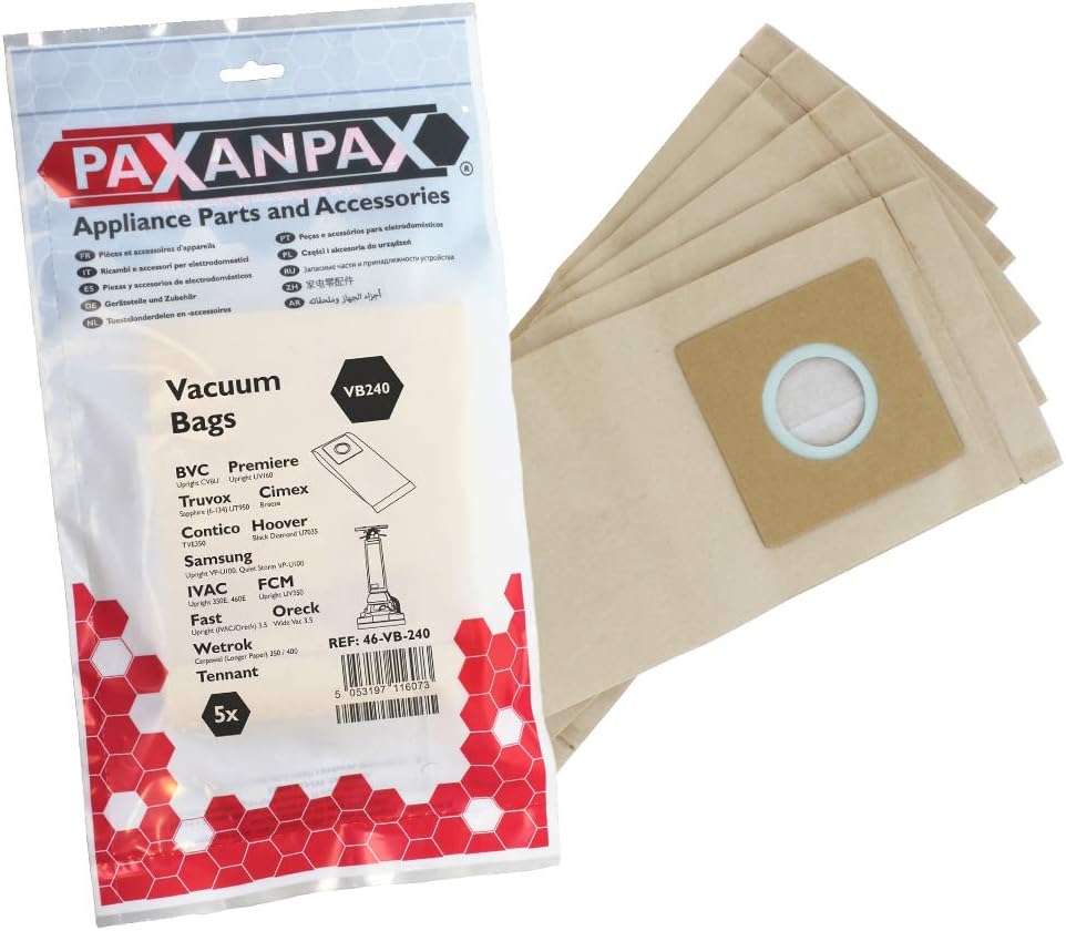 PaxanpaxVB240 Compatible Paper Bags Samsung 'VPU-100' VC-U100, VC-U112, VC-U114, VC-U300, VC-U313, VC-U314, Storm, Quiet Jet Argos Value VC9710S-4 Contico TVE350 Series (Pack of 5)
