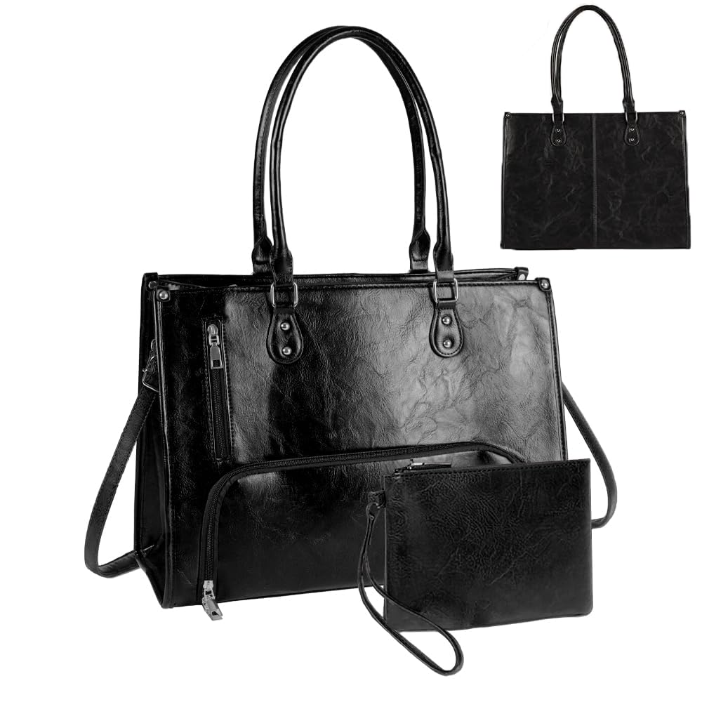 Women PU Leather 15.6" Laptop Tote, Insulated Lunch Pocket Handbag