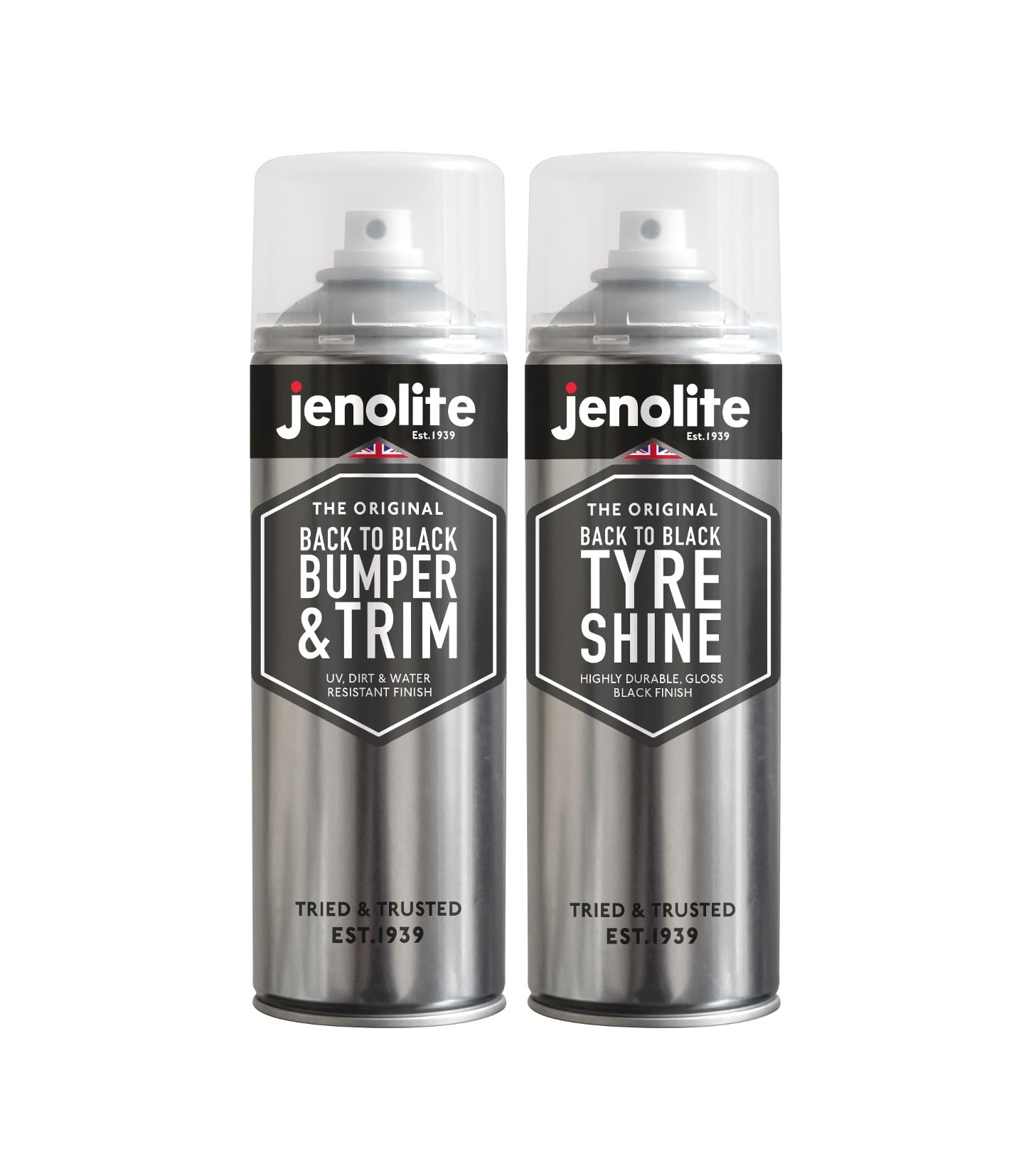 JENOLITE Back to Black Lot de 2 aérosols | Pare-chocs et garnitures + brillance des pneus | Restaure et protège les pare-chocs, garnitures et pneus décolorés | 2 x 500 ml