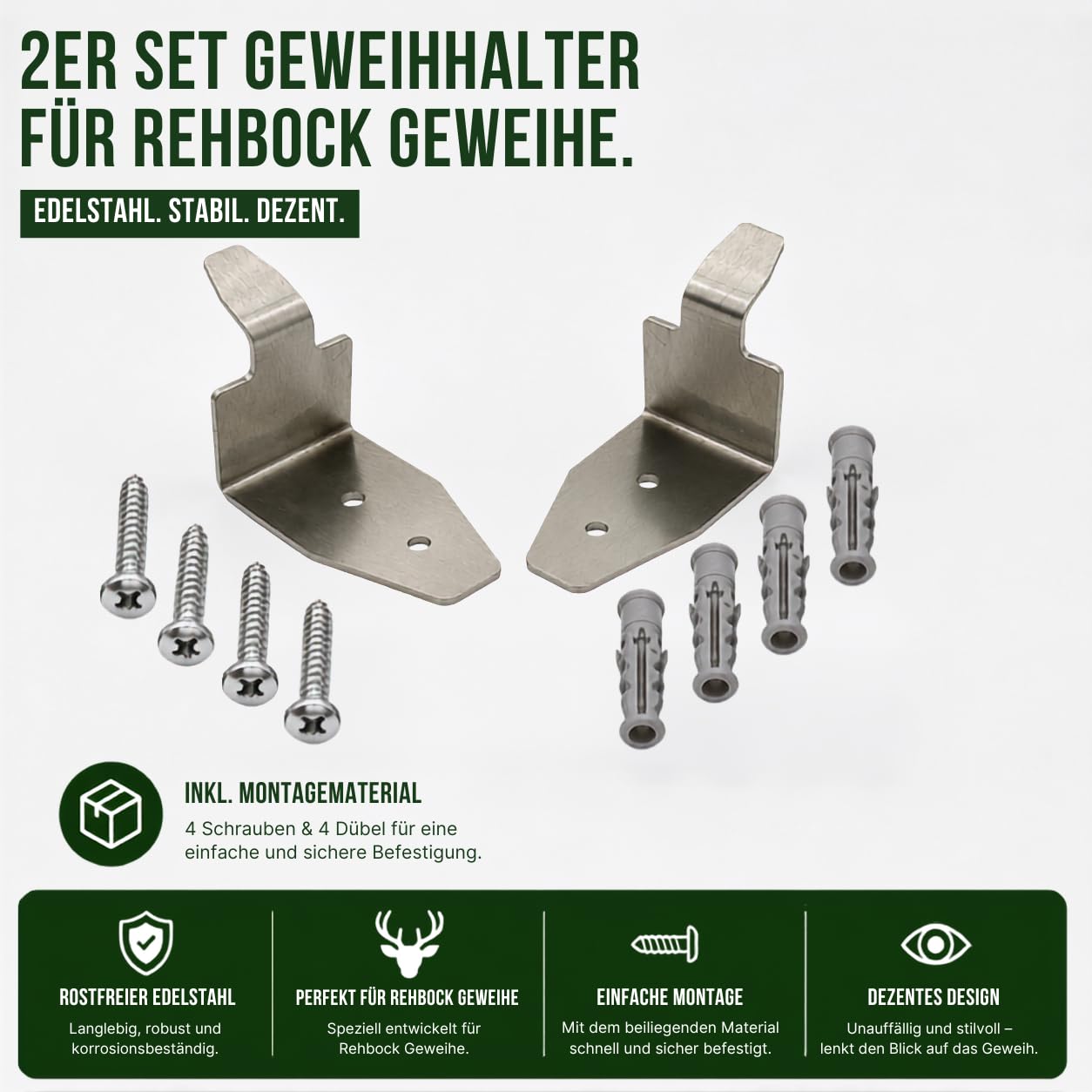 Trophäenhalter Edelstahl 2er Set – Geweihhalter & Schädelhalter für Rehbock Trophäen – Robuste Jagdtrophäen Wandhalterung, rostfrei, minimalistisch